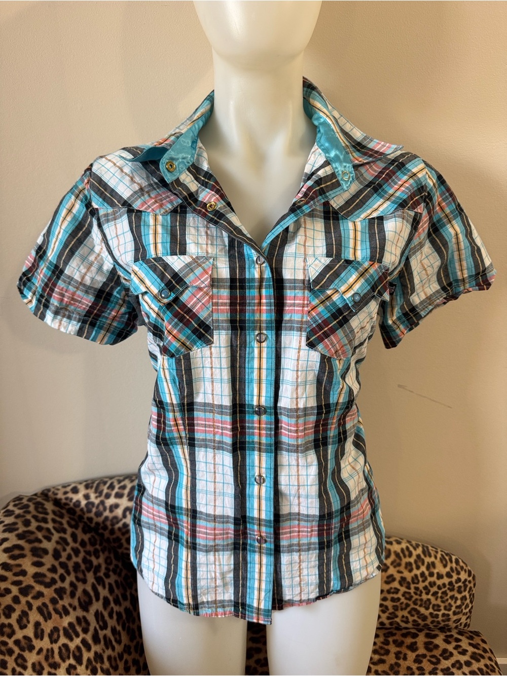Y2K Cruel Girl Short Sleeve Plaid Button-Up Shirt in Teal & Coral